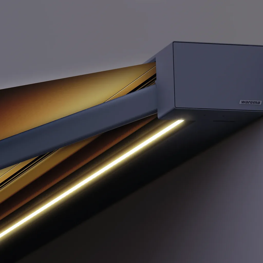 WAREMA K60 Kassetten-Detail, anthrazit Aluminium und sandfarbenes Tuch RolloMax