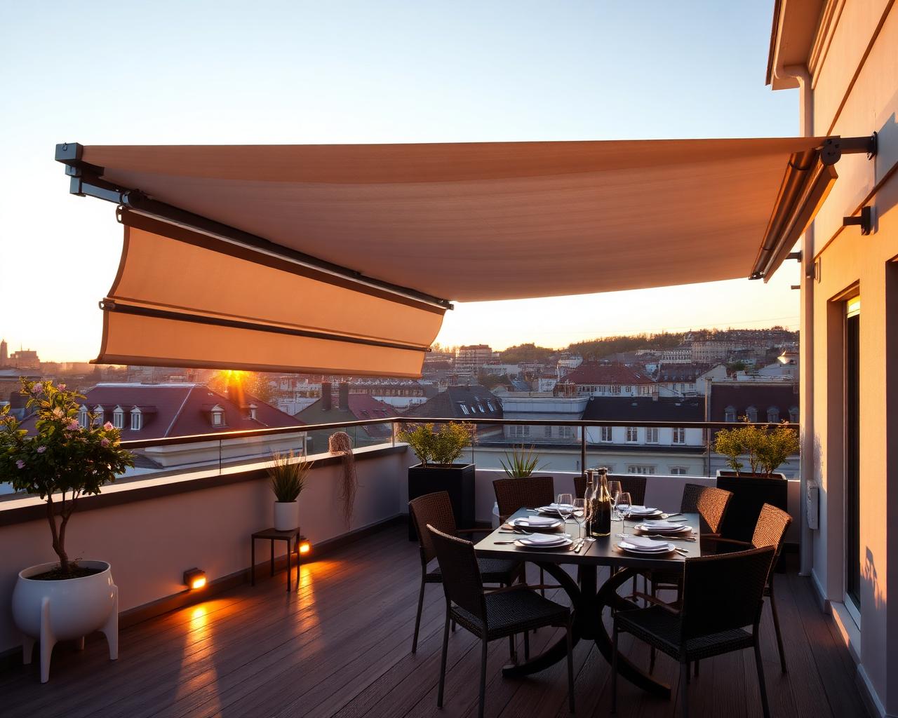 Pergolamarkise auf Dachterrasse in Wien zur goldenen Stunde, RolloMax Pergolamarkise auf Dachterrasse in Wien zur goldenen Stunde, RolloMax