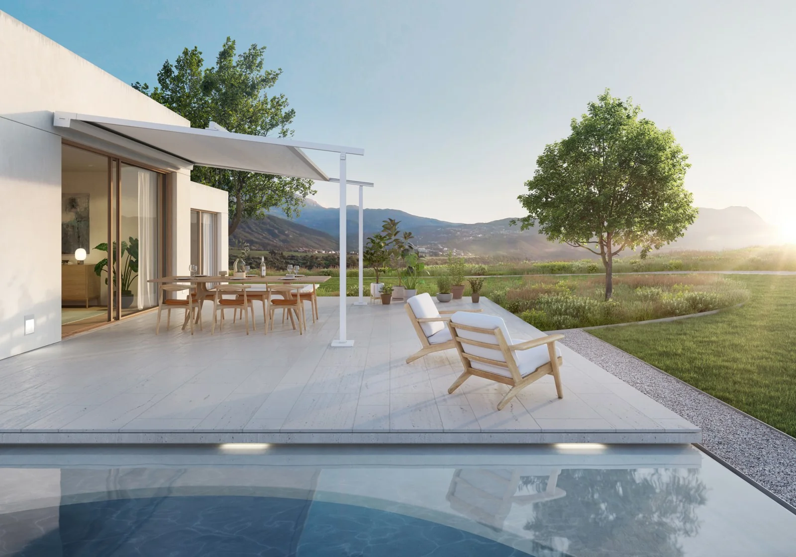 WAREMA Perea P20 Pergolamarkise mit Pool und Garten, Lifestyle
