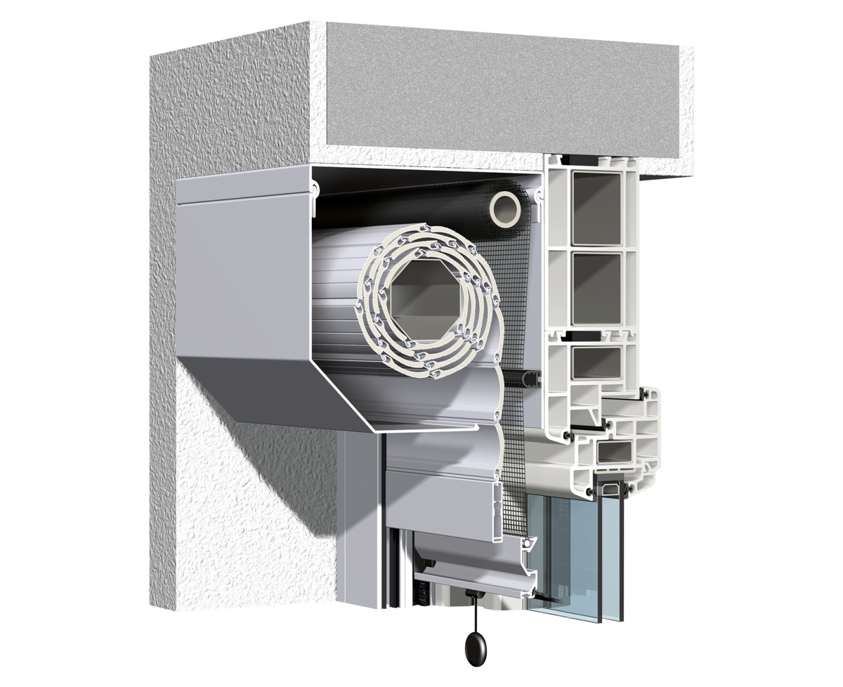 WAREMA Vorbaurollladen V6, Querschnitt durch Kasten und Fenster