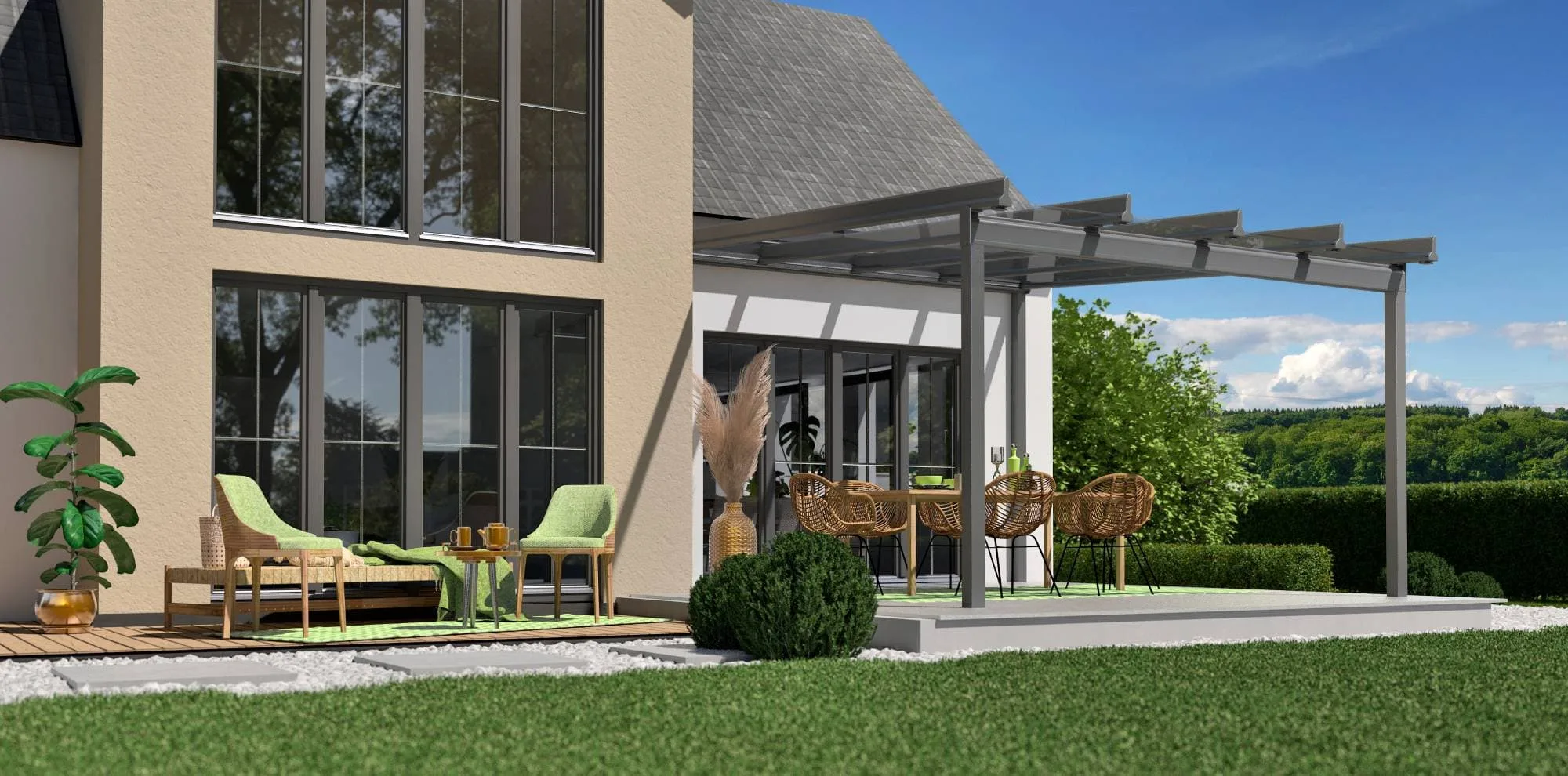 ERHARDT Terrassendach aus Aluminium und Glas über einer Gartenterrasse