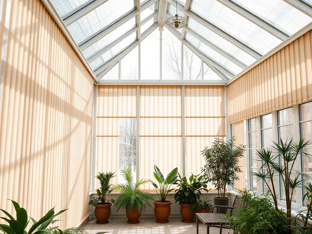 Vertikaljalousie als Plafond-Variante in einem Wiener Wintergarten