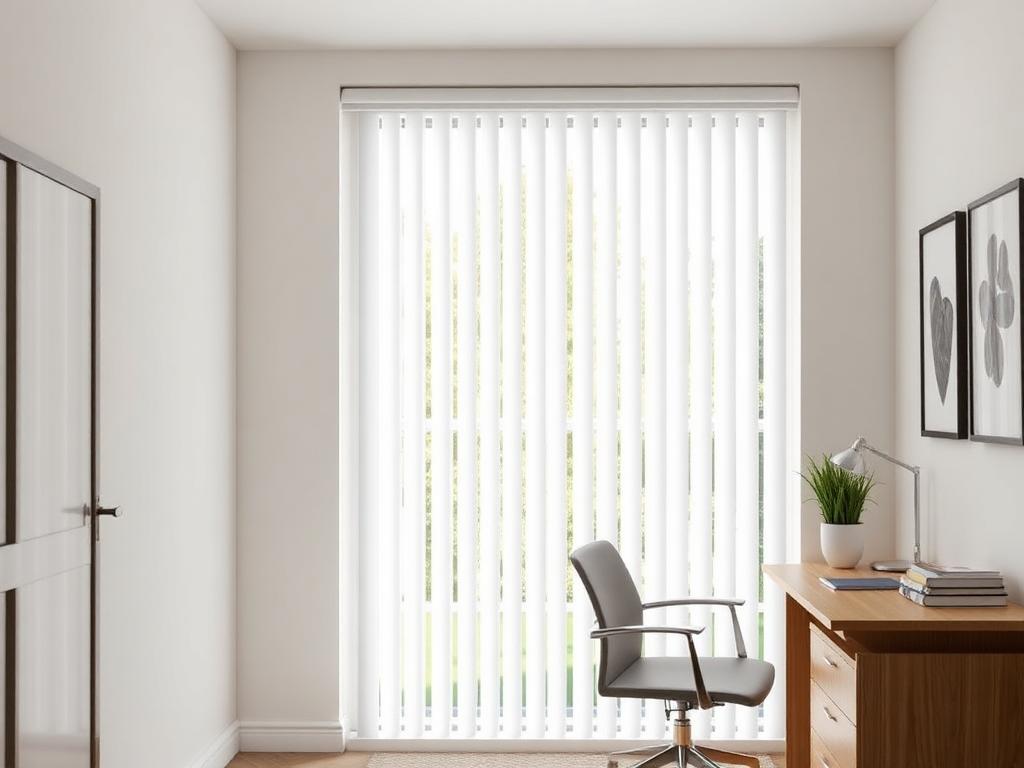 Vertikaljalousie 63 mm in weißem Stoff im hellen Wiener Home-Office